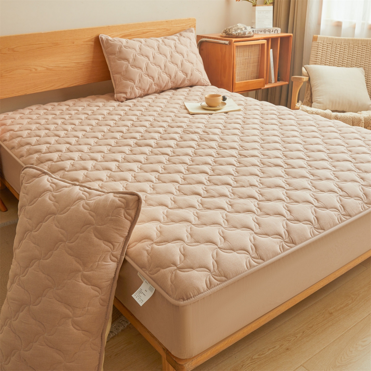 91家纺网 家纺一手货源 找家纺 缦吉 2025款A类全棉水洗棉色织大豆床笠 卡其