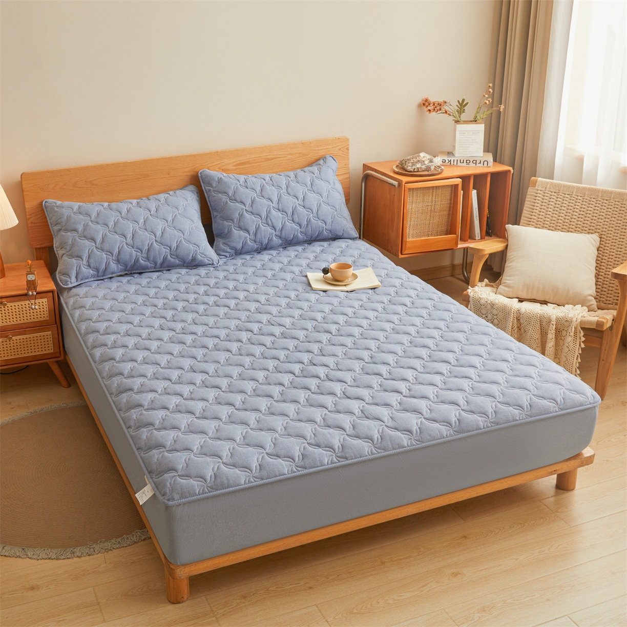 91家纺网 家纺一手货源 找家纺 缦吉 2025款A类全棉水洗棉色织大豆床笠 牛仔蓝