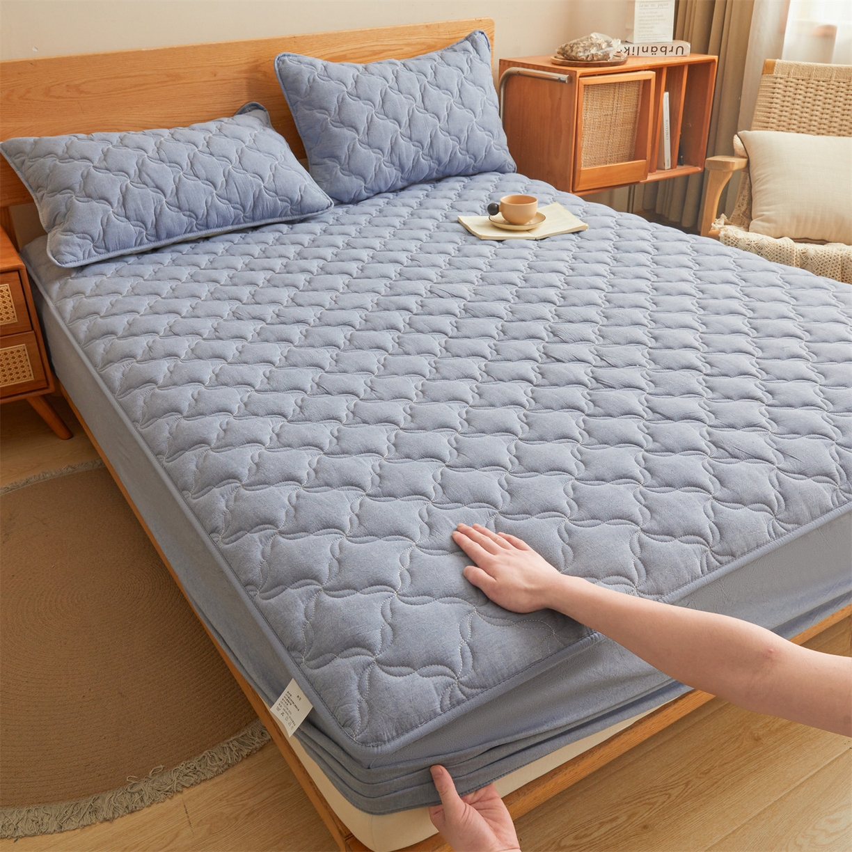 91家纺网 家纺一手货源 找家纺 缦吉 2025款A类全棉水洗棉色织大豆床笠 牛仔蓝