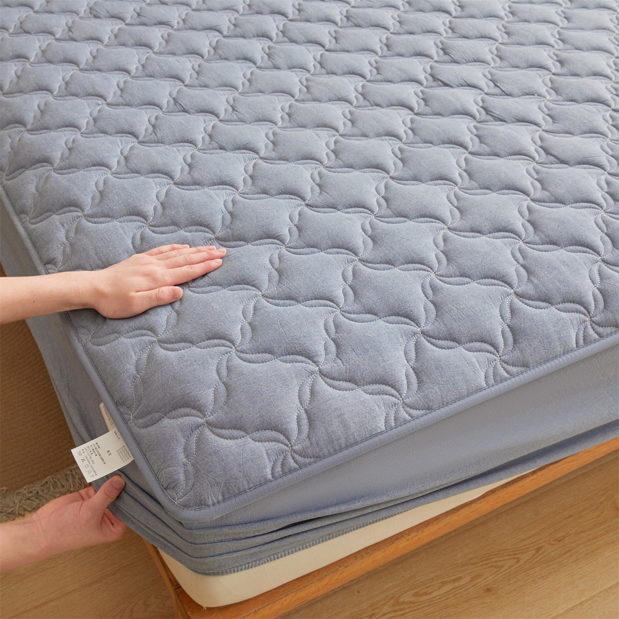 91家纺网 家纺一手货源 找家纺 缦吉 2025款A类全棉水洗棉色织大豆床笠 牛仔蓝