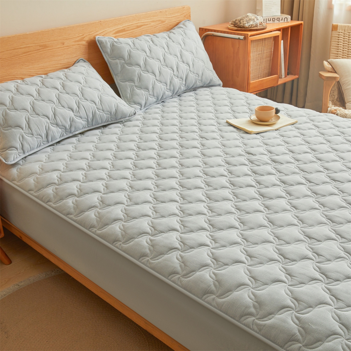 91家纺网 家纺一手货源 找家纺 缦吉 2025款A类全棉水洗棉色织大豆床笠 浅蓝