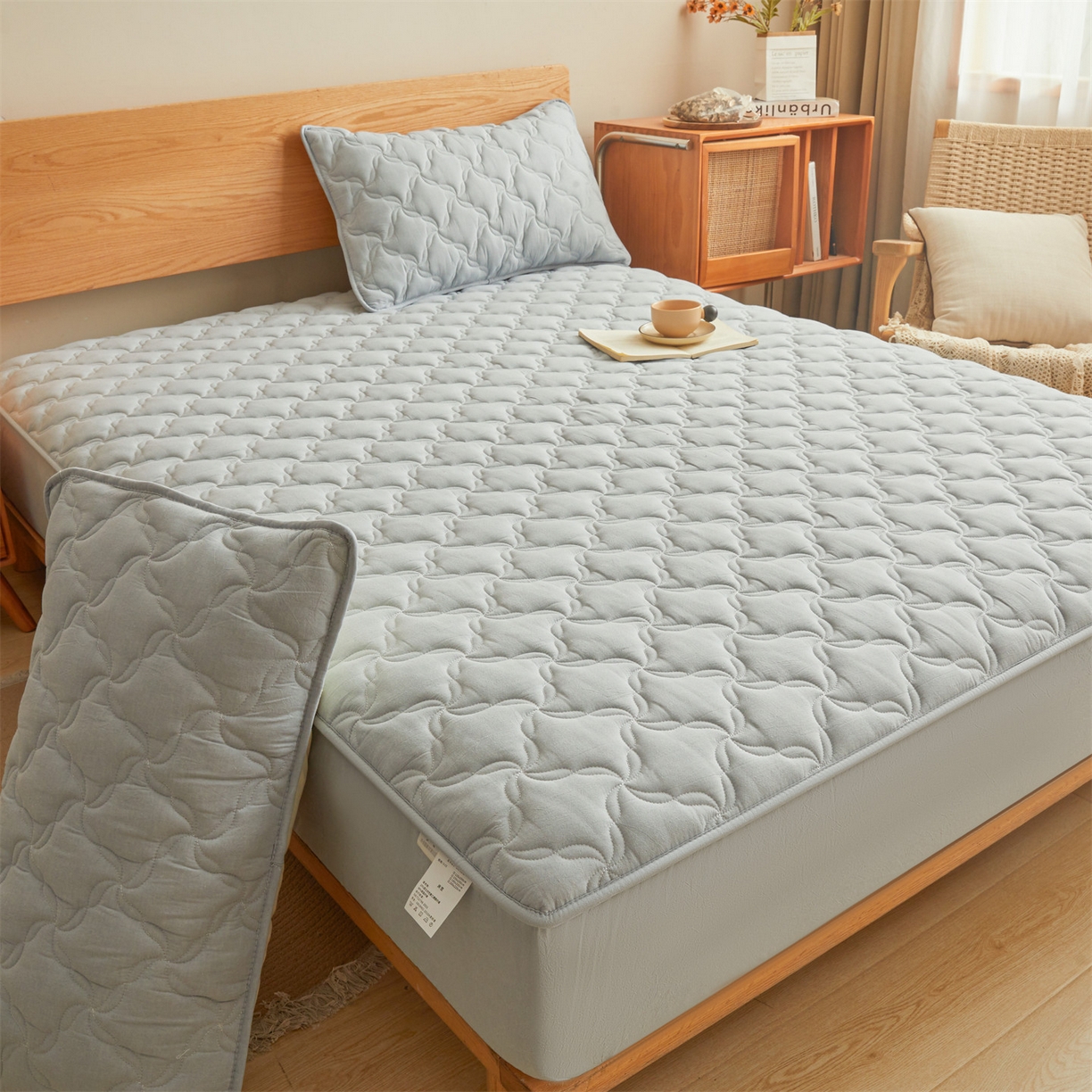 91家纺网 家纺一手货源 找家纺 缦吉 2025款A类全棉水洗棉色织大豆床笠 浅蓝