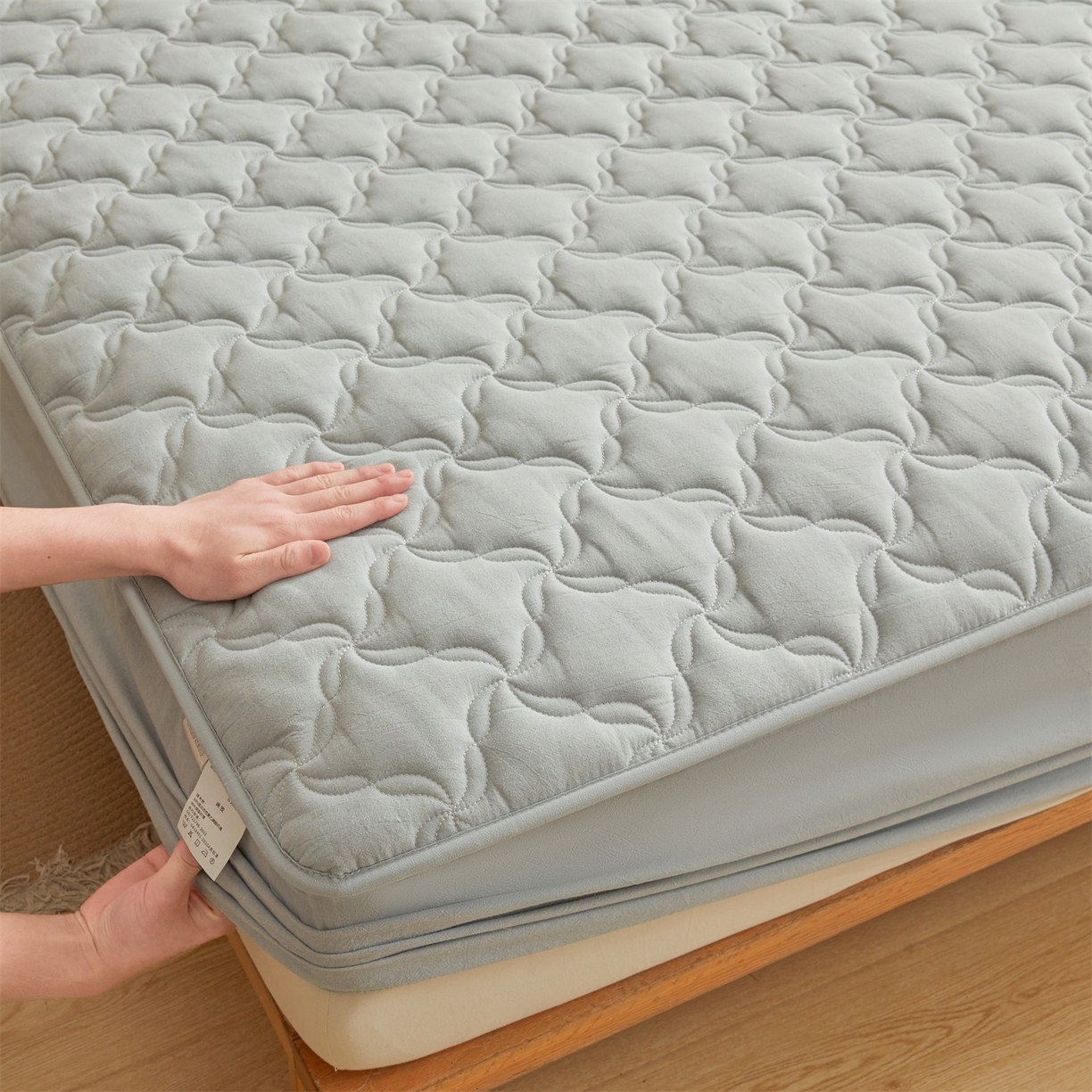 91家纺网 家纺一手货源 找家纺 缦吉 2025款A类全棉水洗棉色织大豆床笠 浅蓝