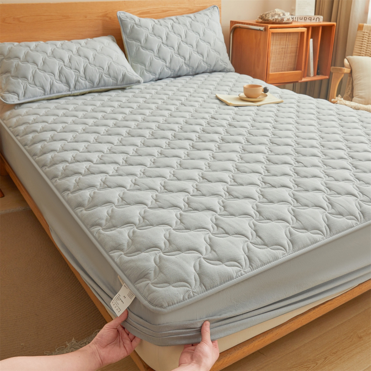 91家纺网 家纺一手货源 找家纺 缦吉 2025款A类全棉水洗棉色织大豆床笠 浅蓝