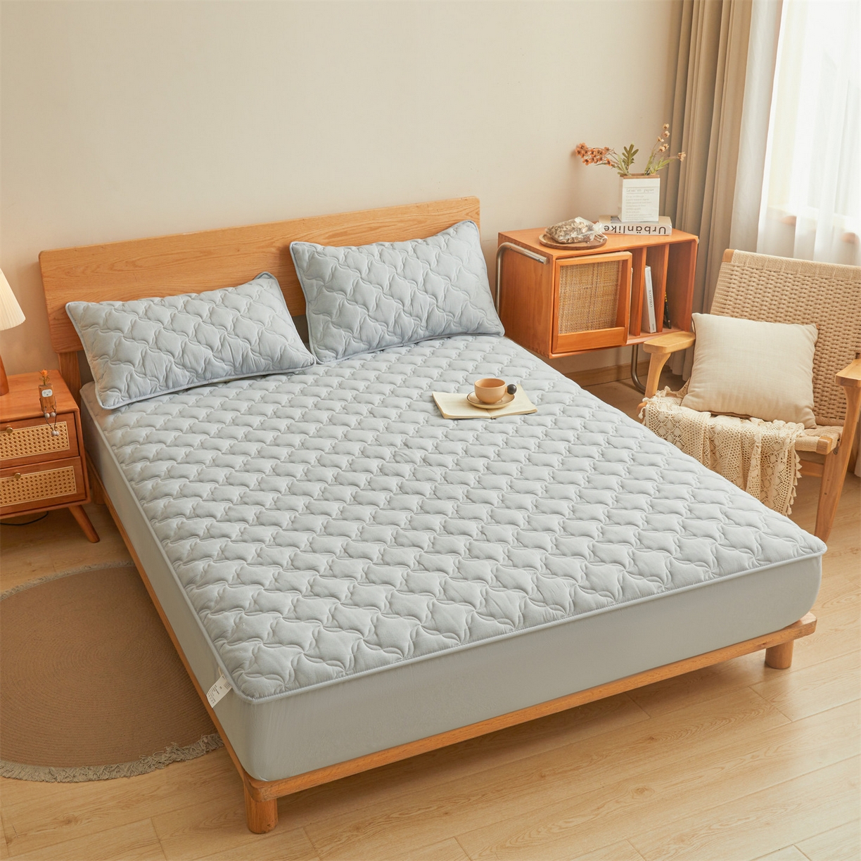 91家纺网 家纺一手货源 找家纺 缦吉 2025款A类全棉水洗棉色织大豆床笠 浅蓝