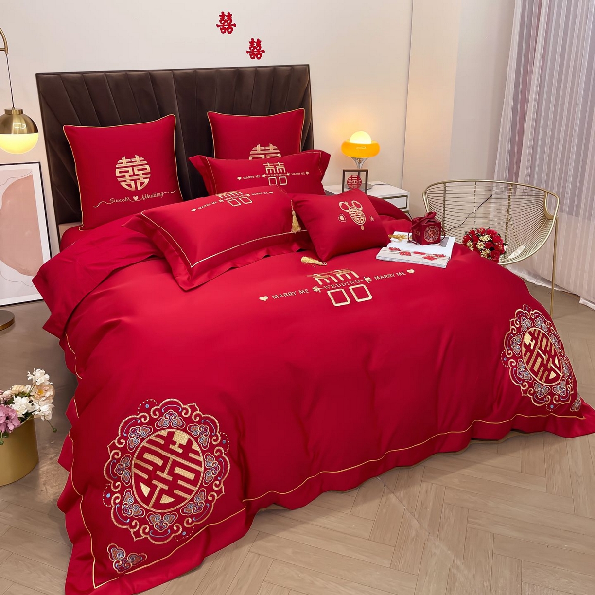 91家纺网 家纺一手货源 找家纺 甜咪咪婚庆 2025新款天丝棉磨毛婚庆结婚四件套多件套特价花型卖完为止 喜洋洋