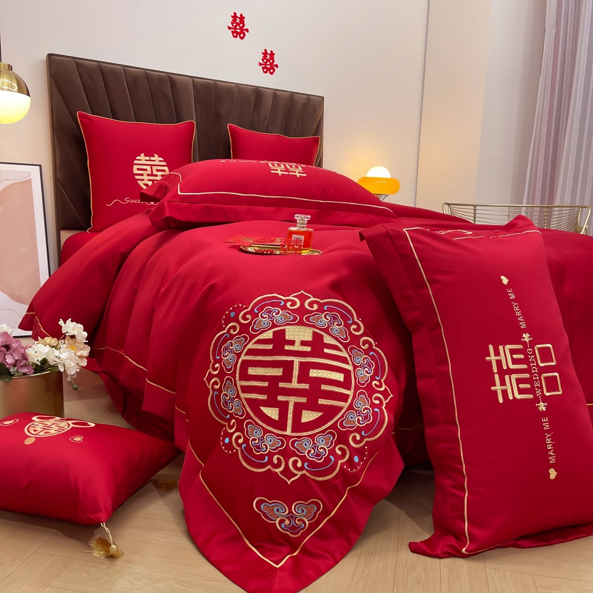 91家纺网 家纺一手货源 找家纺 甜咪咪婚庆 2025新款天丝棉磨毛婚庆结婚四件套多件套特价花型卖完为止 喜洋洋