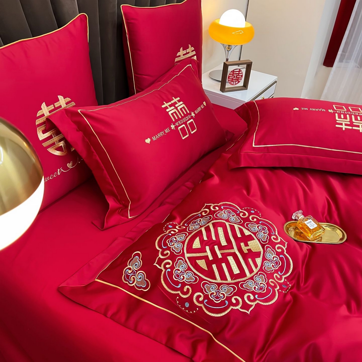 91家纺网 家纺一手货源 找家纺 甜咪咪婚庆 2025新款天丝棉磨毛婚庆结婚四件套多件套特价花型卖完为止 喜洋洋