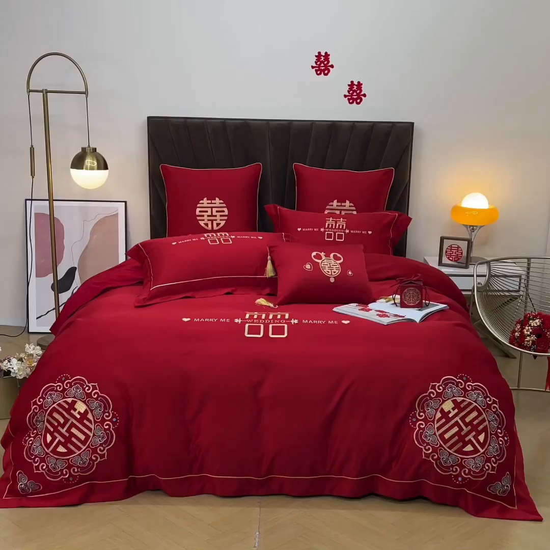 91家纺网 家纺一手货源 找家纺 甜咪咪婚庆 2025新款天丝棉磨毛婚庆结婚四件套多件套特价花型卖完为止 喜洋洋