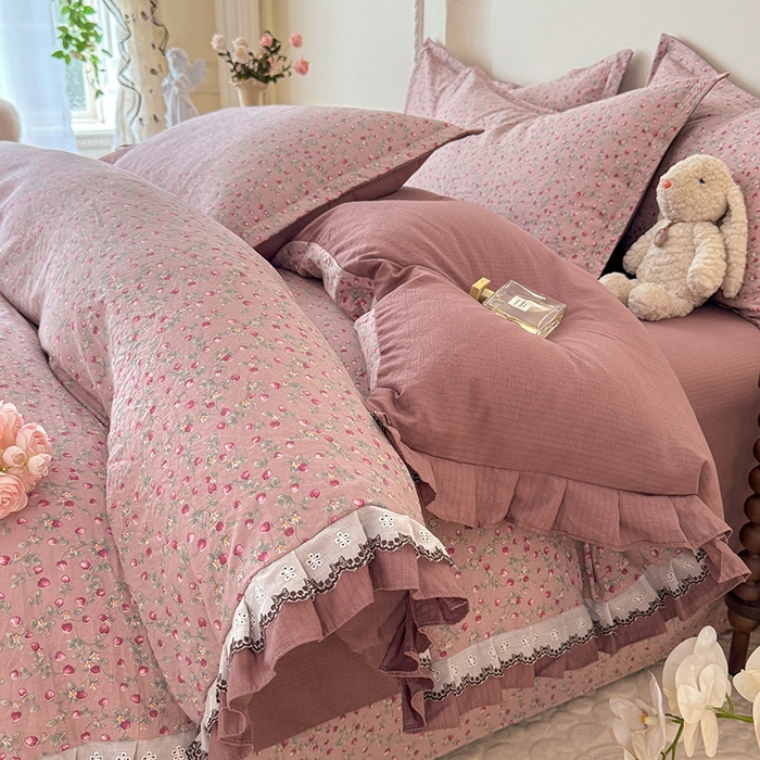 韩约家纺 2025秋冬加厚1双层刺绣花边床单款棉麻四件套 樱樱季