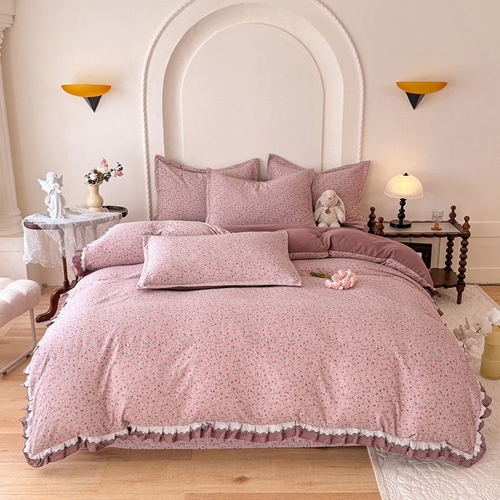 91家纺网 家纺一手货源 找家纺 韩约家纺 2025秋冬加厚1双层刺绣花边床单款棉麻四件套 樱樱季