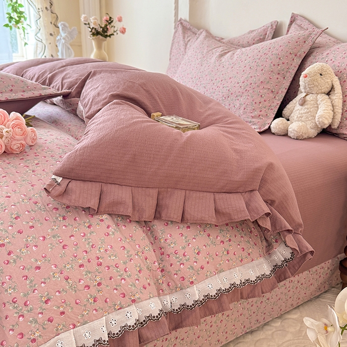 91家纺网 家纺一手货源 找家纺 韩约家纺 2025秋冬加厚1双层刺绣花边床单款棉麻四件套 樱樱季