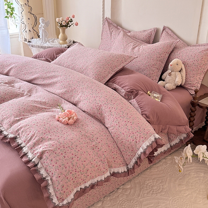 91家纺网 家纺一手货源 找家纺 韩约家纺 2025秋冬加厚1双层刺绣花边床单款棉麻四件套 樱樱季