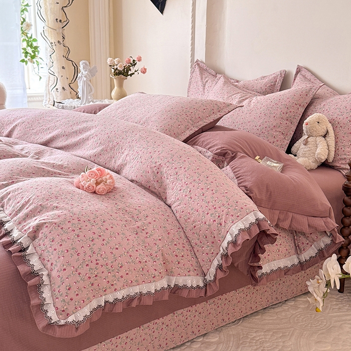 91家纺网 家纺一手货源 找家纺 韩约家纺 2025秋冬加厚1双层刺绣花边床单款棉麻四件套 樱樱季