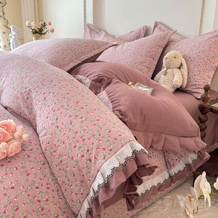 91家纺网 家纺一手货源 找家纺 韩约家纺 2025秋冬加厚1双层刺绣花边床单款棉麻四件套 樱樱季