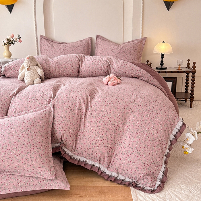 91家纺网 家纺一手货源 找家纺 韩约家纺 2025秋冬加厚1双层刺绣花边床单款棉麻四件套 樱樱季