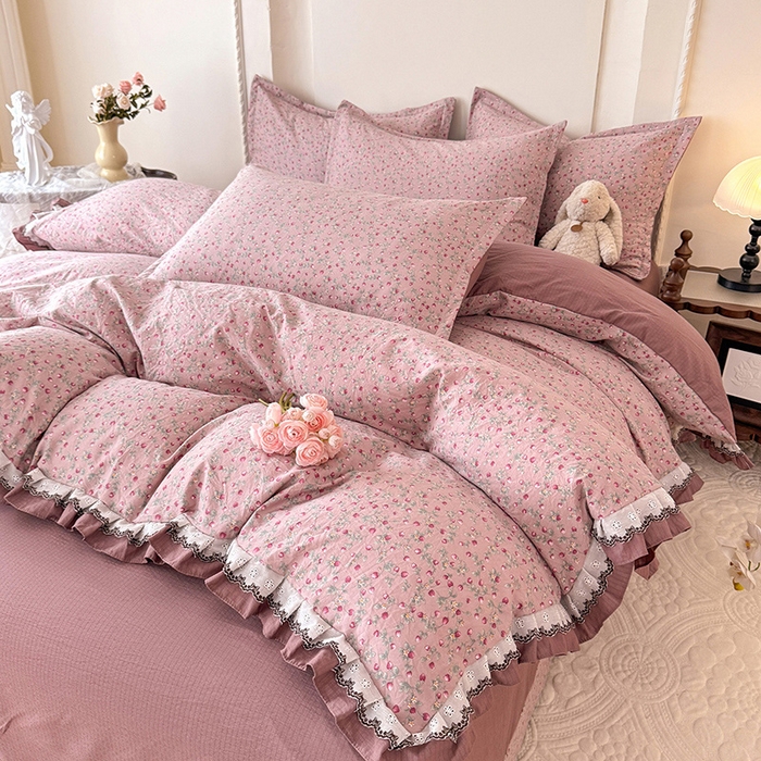 91家纺网 家纺一手货源 找家纺 韩约家纺 2025秋冬加厚1双层刺绣花边床单款棉麻四件套 樱樱季