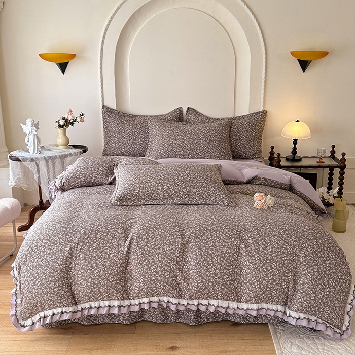 91家纺网 家纺一手货源 找家纺 韩约家纺 2025秋冬加厚1双层刺绣花边床单款棉麻四件套 爱丽丝