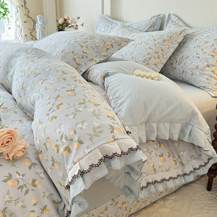 韩约家纺 2025秋冬加厚1双层刺绣花边床单款棉麻四件套 初见