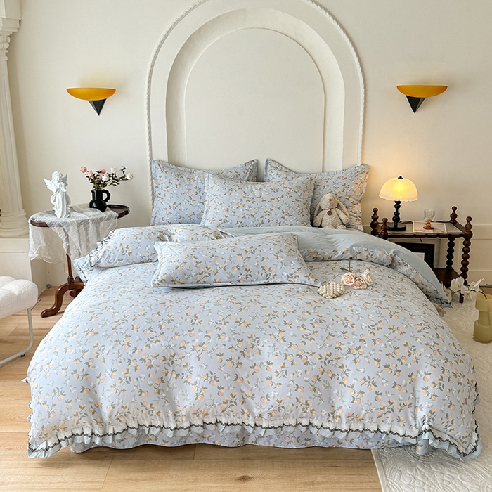 91家纺网 家纺一手货源 找家纺 韩约家纺 2025秋冬加厚1双层刺绣花边床单款棉麻四件套 初见