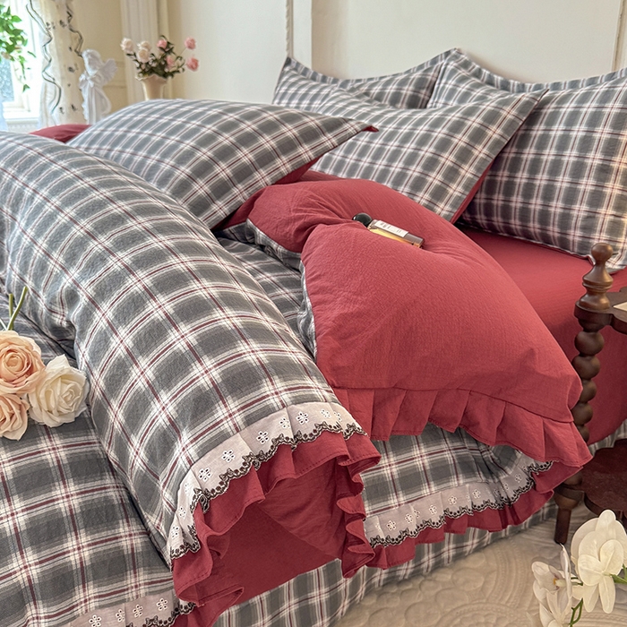 韩约家纺 2025秋冬加厚1双层刺绣花边床单款棉麻四件套 格调