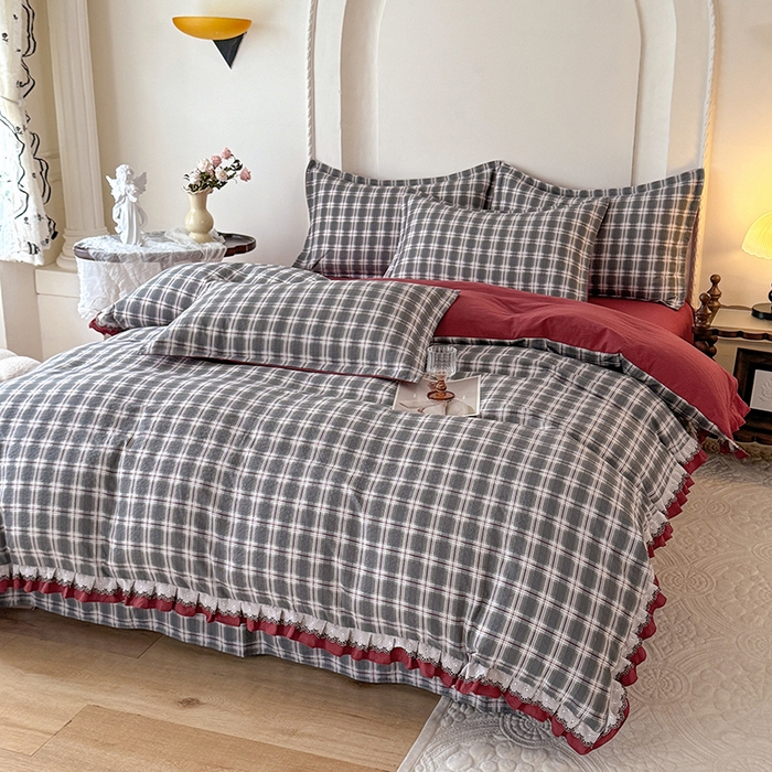 91家纺网 家纺一手货源 找家纺 韩约家纺 2025秋冬加厚1双层刺绣花边床单款棉麻四件套 格调