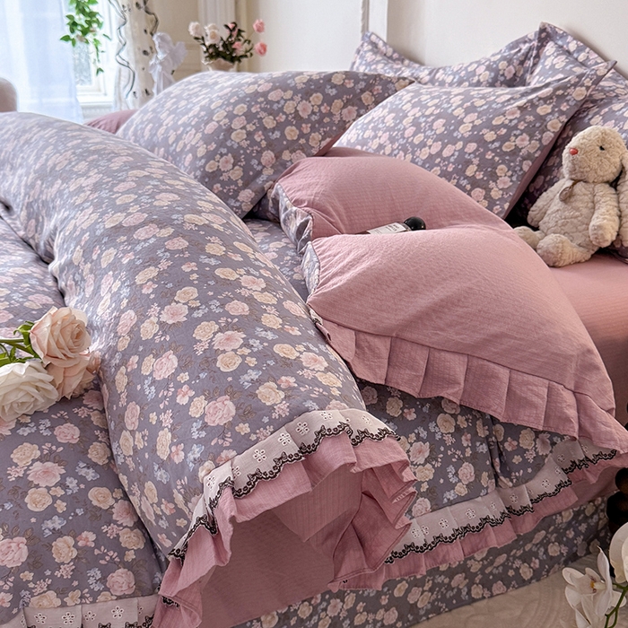 韩约家纺 2025秋冬加厚1双层刺绣花边床单款棉麻四件套 花盏