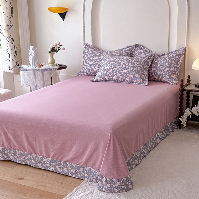 91家纺网 家纺一手货源 找家纺 韩约家纺 2025秋冬加厚1双层刺绣花边床单款棉麻四件套 花盏