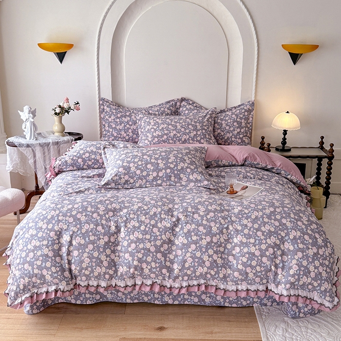 91家纺网 家纺一手货源 找家纺 韩约家纺 2025秋冬加厚1双层刺绣花边床单款棉麻四件套 花盏