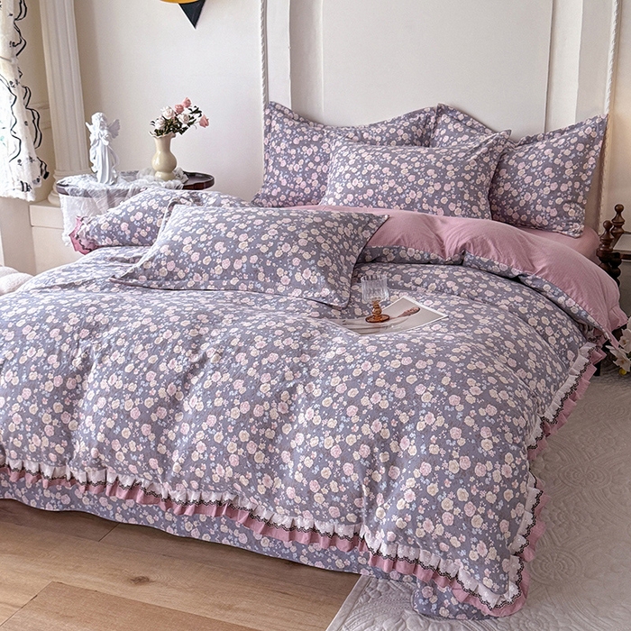 91家纺网 家纺一手货源 找家纺 韩约家纺 2025秋冬加厚1双层刺绣花边床单款棉麻四件套 花盏