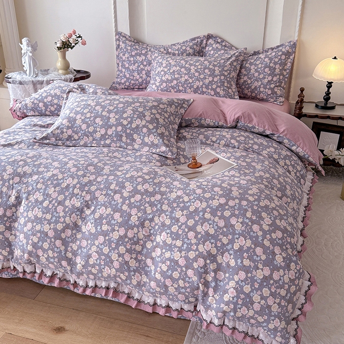 91家纺网 家纺一手货源 找家纺 韩约家纺 2025秋冬加厚1双层刺绣花边床单款棉麻四件套 花盏