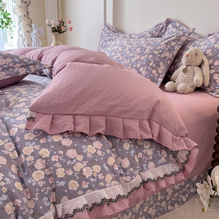 91家纺网 家纺一手货源 找家纺 韩约家纺 2025秋冬加厚1双层刺绣花边床单款棉麻四件套 花盏