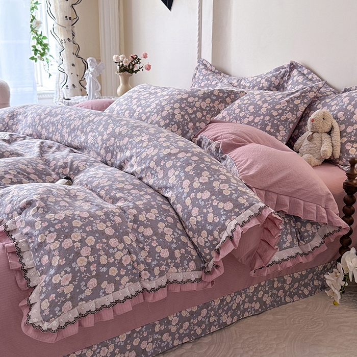 91家纺网 家纺一手货源 找家纺 韩约家纺 2025秋冬加厚1双层刺绣花边床单款棉麻四件套 花盏