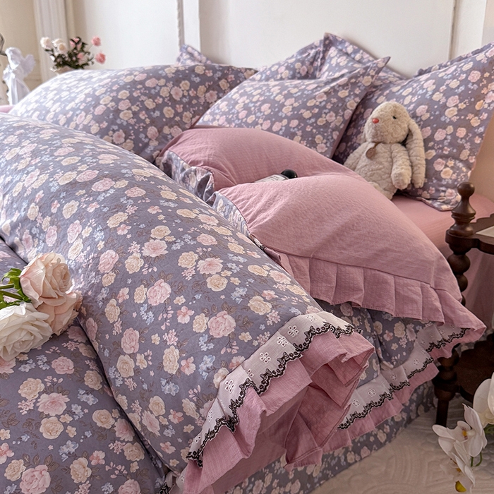 91家纺网 家纺一手货源 找家纺 韩约家纺 2025秋冬加厚1双层刺绣花边床单款棉麻四件套 花盏