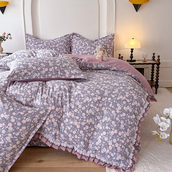 91家纺网 家纺一手货源 找家纺 韩约家纺 2025秋冬加厚1双层刺绣花边床单款棉麻四件套 花盏