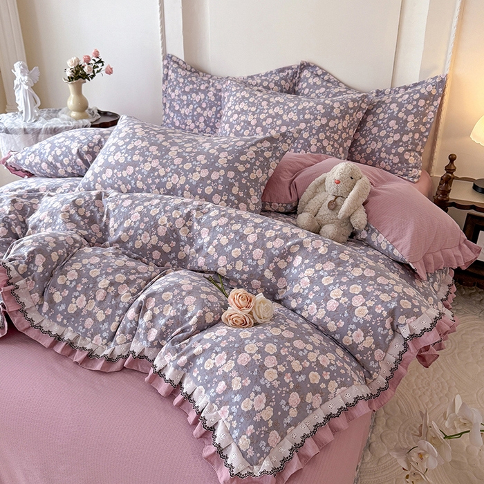 91家纺网 家纺一手货源 找家纺 韩约家纺 2025秋冬加厚1双层刺绣花边床单款棉麻四件套 花盏