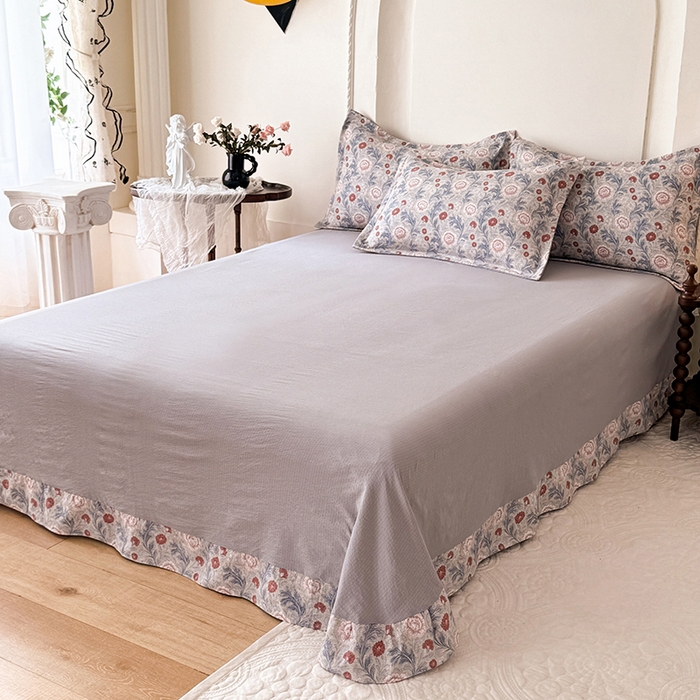 91家纺网 家纺一手货源 找家纺 韩约家纺 2025秋冬加厚1双层刺绣花边床单款棉麻四件套 眷恋