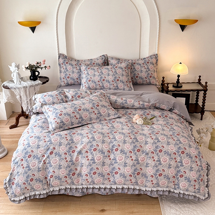 91家纺网 家纺一手货源 找家纺 韩约家纺 2025秋冬加厚1双层刺绣花边床单款棉麻四件套 眷恋