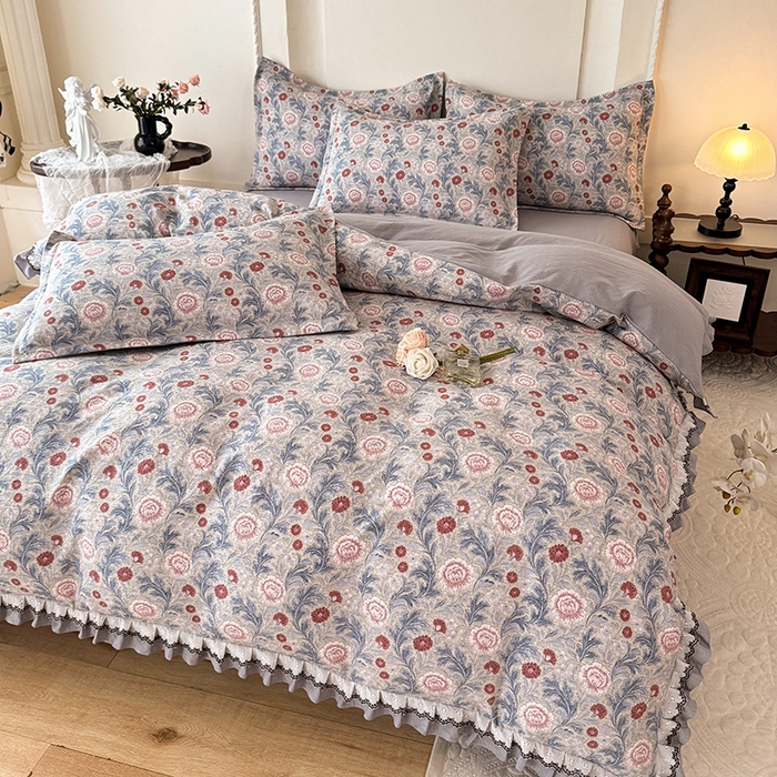 91家纺网 家纺一手货源 找家纺 韩约家纺 2025秋冬加厚1双层刺绣花边床单款棉麻四件套 眷恋