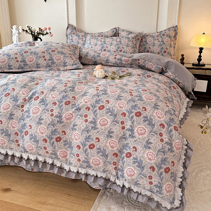 91家纺网 家纺一手货源 找家纺 韩约家纺 2025秋冬加厚1双层刺绣花边床单款棉麻四件套 眷恋