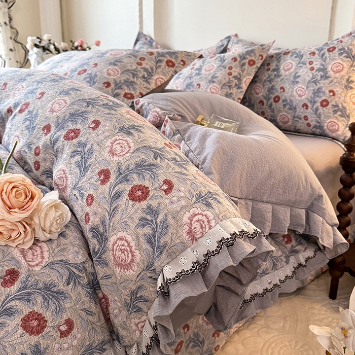 91家纺网 家纺一手货源 找家纺 韩约家纺 2025秋冬加厚1双层刺绣花边床单款棉麻四件套 眷恋