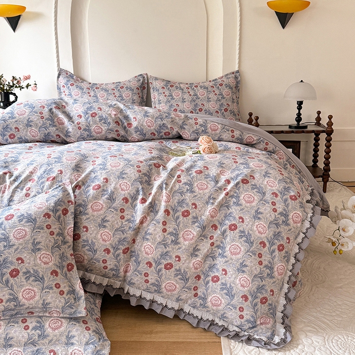 91家纺网 家纺一手货源 找家纺 韩约家纺 2025秋冬加厚1双层刺绣花边床单款棉麻四件套 眷恋