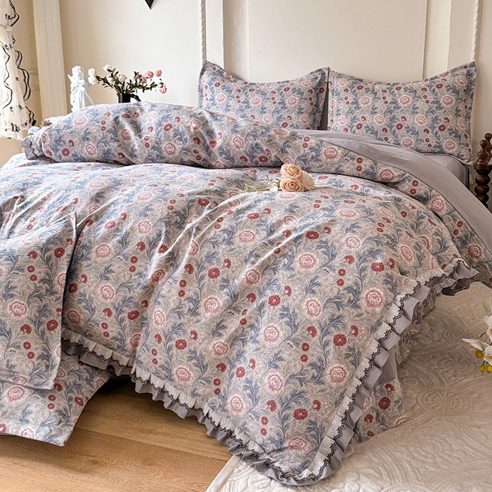 91家纺网 家纺一手货源 找家纺 韩约家纺 2025秋冬加厚1双层刺绣花边床单款棉麻四件套 眷恋