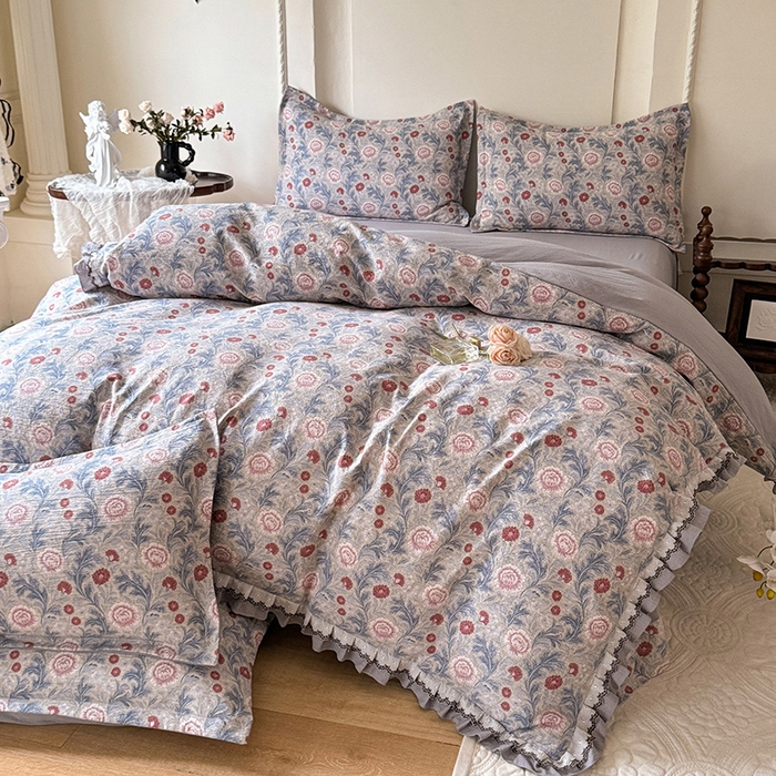 91家纺网 家纺一手货源 找家纺 韩约家纺 2025秋冬加厚1双层刺绣花边床单款棉麻四件套 眷恋