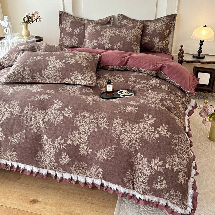 91家纺网 家纺一手货源 找家纺 韩约家纺 2025秋冬加厚1双层刺绣花边床单款棉麻四件套 千寻