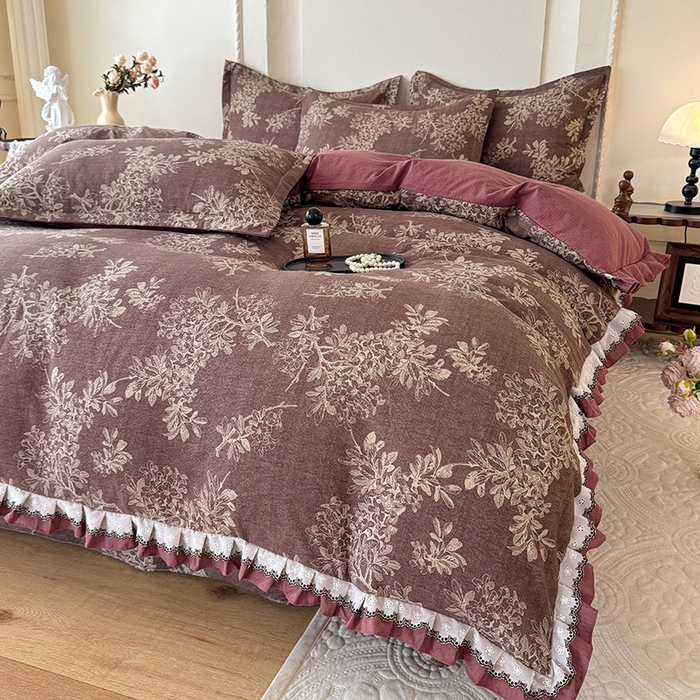 91家纺网 家纺一手货源 找家纺 韩约家纺 2025秋冬加厚1双层刺绣花边床单款棉麻四件套 千寻