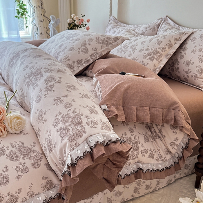 韩约家纺 2025秋冬加厚1双层刺绣花边床单款棉麻四件套 轻婉