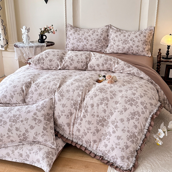 91家纺网 家纺一手货源 找家纺 韩约家纺 2025秋冬加厚1双层刺绣花边床单款棉麻四件套 轻婉