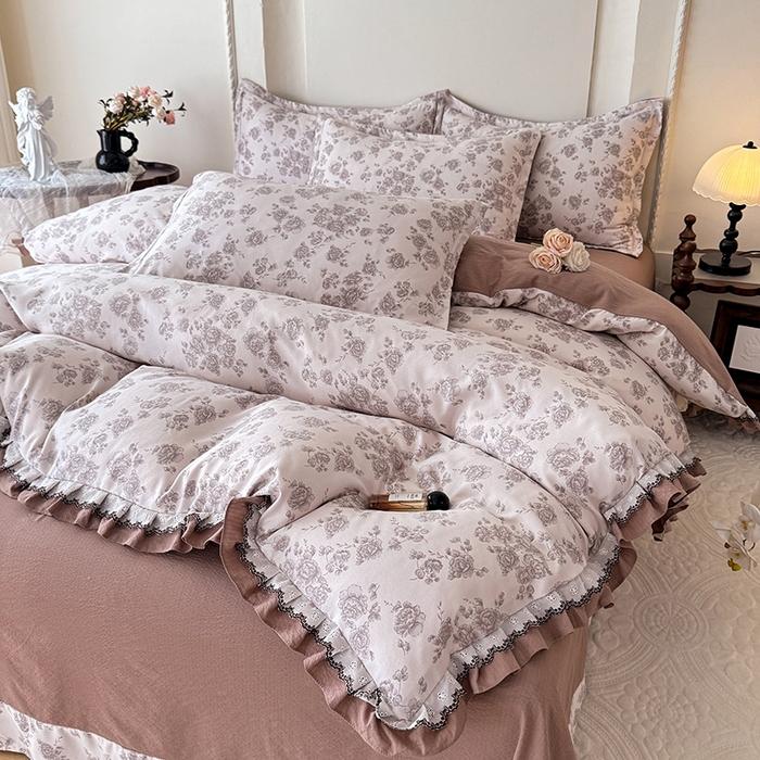 91家纺网 家纺一手货源 找家纺 韩约家纺 2025秋冬加厚1双层刺绣花边床单款棉麻四件套 轻婉