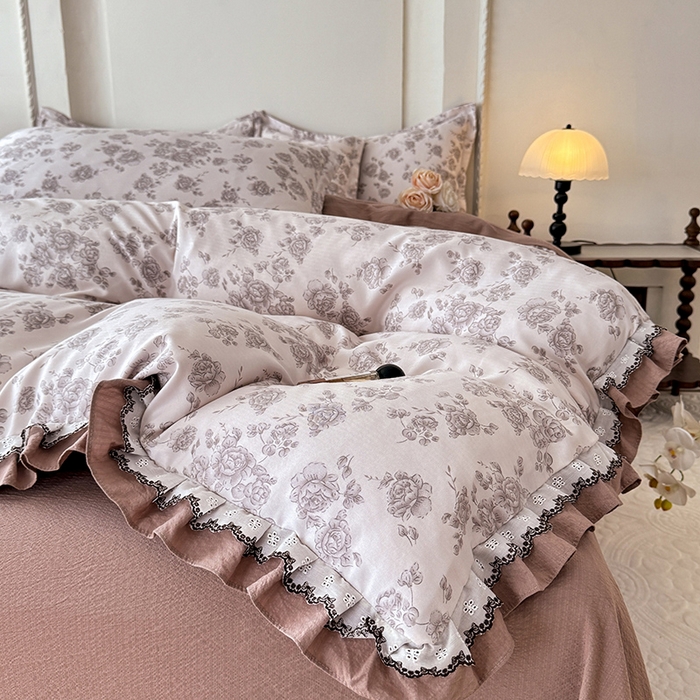 91家纺网 家纺一手货源 找家纺 韩约家纺 2025秋冬加厚1双层刺绣花边床单款棉麻四件套 轻婉